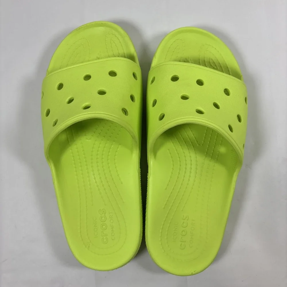 Crocs Classic Slide Sandals Neon Lime Green Womens 9 Mens 7 Slip On Shoe Comfort